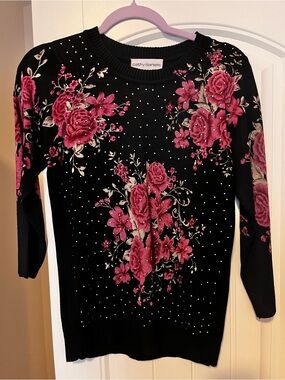 Cathy Daniels Black Sweater with Fuchsia Rose Embroidery/rhinestones on front